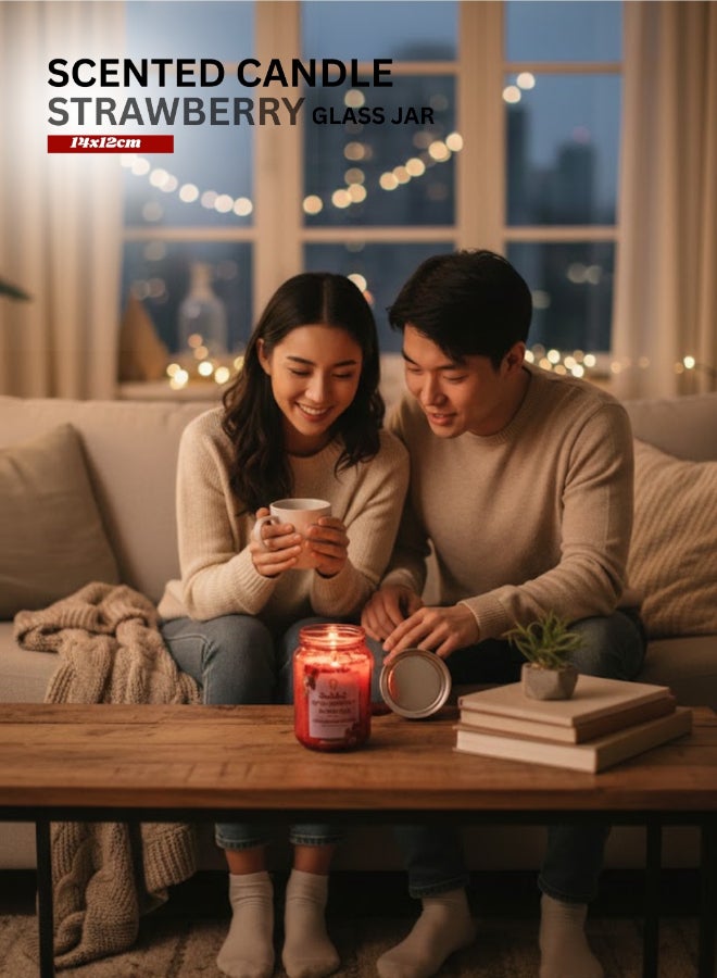 Feelings شمعة معطرة برائحة الفراولة في جرة زجاجية - هدية للعلاج العطري بمناسبة عيد الحب والاسترخاء - Image 3